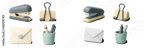 3D office supply icon set with stapler, binder clip, envelope, and pen holder for business and education concepts
