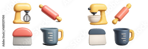 Set of 3D style baking tools icons including stand mixer, rolling pin, dough scraper, and measuring cup isolated on white background