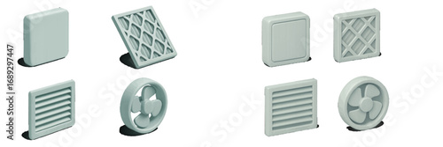 3D isometric icon set of HVAC system components including fan, air filter, vent grille, and ventilation cover for climate control concepts