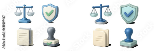Set of 3D law and justice icons including scales of justice, a security shield, legal documents, and an official approval stamp