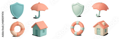 Insurance and safety icon set in a soft 3D style featuring a shield, umbrella, lifebuoy, and house for concepts of protection and security