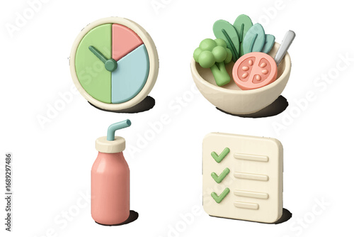 Set of 3D icons for healthy lifestyle and diet planning including a clock for meal timing, a fresh vegetable salad, a drink bottle, and a checklist for goals