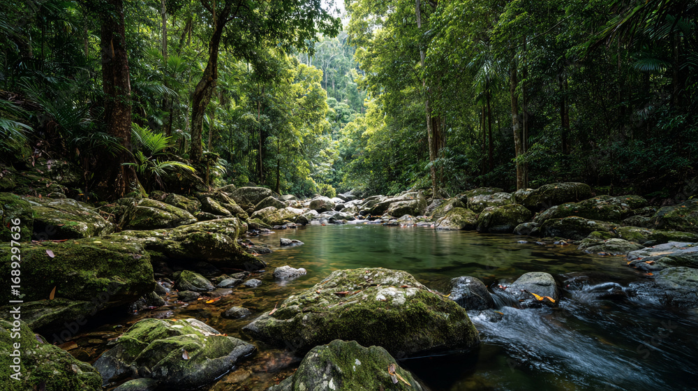 Obraz premium Calm river flows through a lush green forest with mossy rocks and tall trees