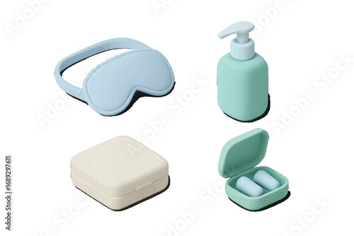 Isometric travel kit accessories with sleep mask, earplugs, soap dispenser, and container for personal care and hygiene