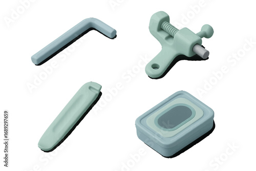 Isometric set of stylized work tools including an Allen key, C-clamp, and pry tool with a storage case on a white background