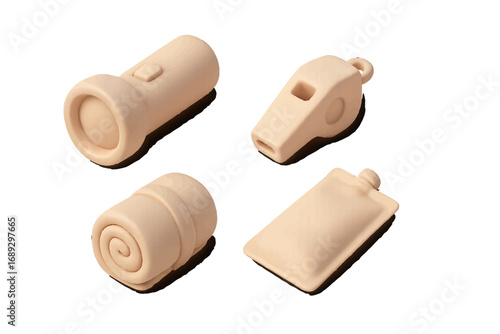Minimalist 3D icons of an emergency survival kit including a flashlight, whistle, blanket, and water pouch on an isolated white background