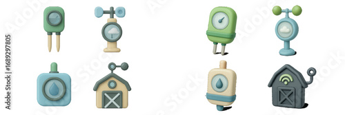 Smart farming and agritech icon set with weather station, moisture sensor, and smart barn for modern agriculture