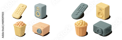 Home cinema equipment icon set in an isometric 3D style with projector, speaker, remote control, and popcorn for movie night