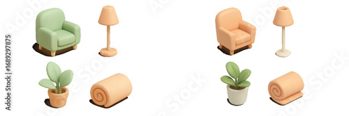 Collection of isometric 3D furniture and home decor elements including an armchair, floor lamp, houseplant, and cozy blanket for modern interior design