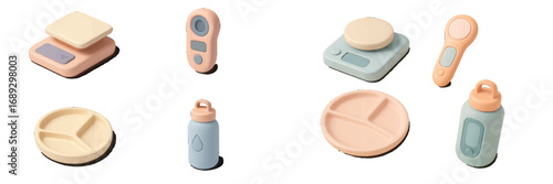 Isometric baby care and feeding equipment collection with digital scales, divided plates, and water bottles in a modern pastel color palette