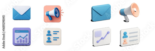 3D symbols for business and marketing with mail, megaphone, analytics, and contacts for web and mobile applications