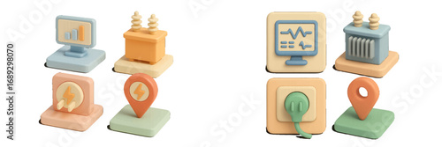 3D icon set for electricity and energy concepts including power consumption monitoring, electrical transformer, and charging station location pin