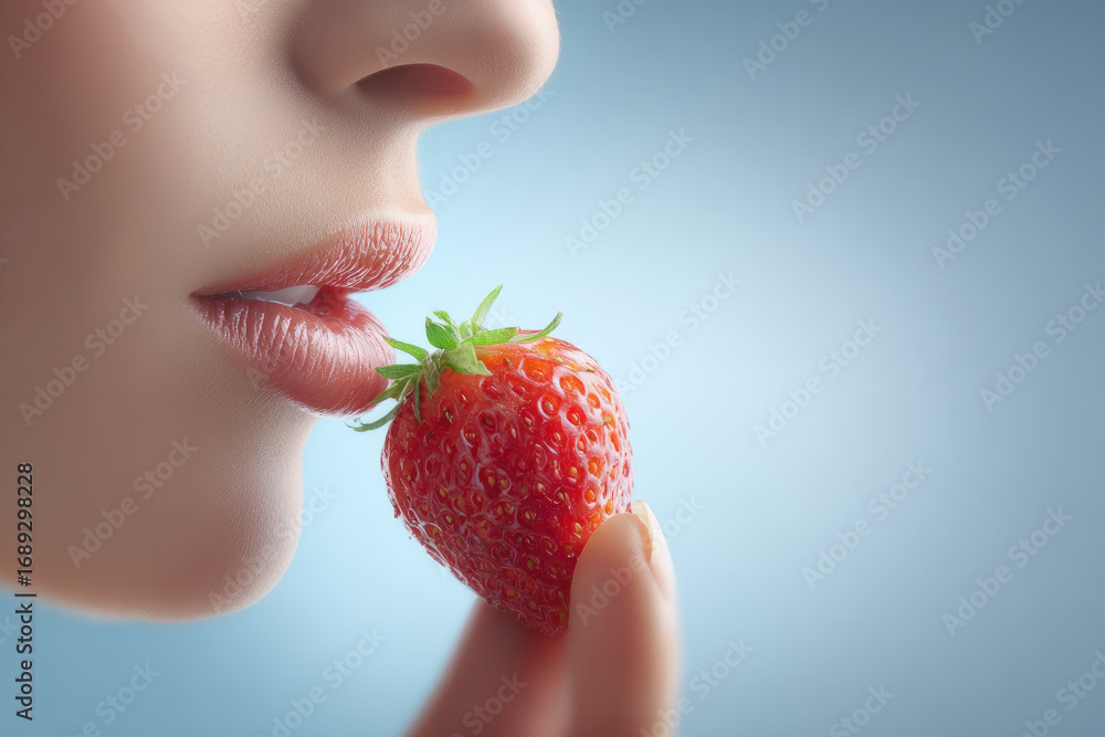 Obraz premium Close up of female lips about to bite into fresh strawberry, soft lighting, smooth skin, sensual and surreal mood, blue background, focus on fruit and mouth