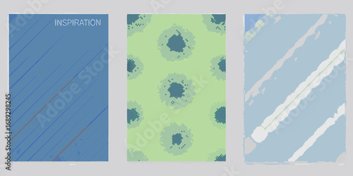 Three abstract artistic panels with different textures and patterns in blue and green tones