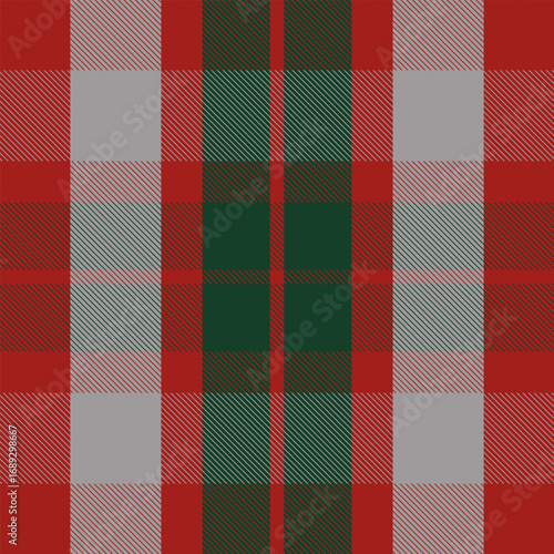 Red, green, and gray tartan plaid pattern with diagonal stripe texture, seamless Scottish checkered textile design, classic fabric background for fashion, decoration, and Christmas projects.