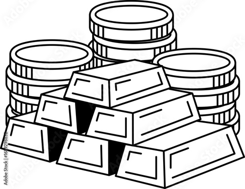 black and white illustration of A stack of gold coins and bars