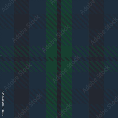 Seamless tartan plaid pattern in navy blue, dark green, and black tones. Classic Scottish-inspired fabric texture suitable for textiles, fashion, backgrounds, and traditional design projects.