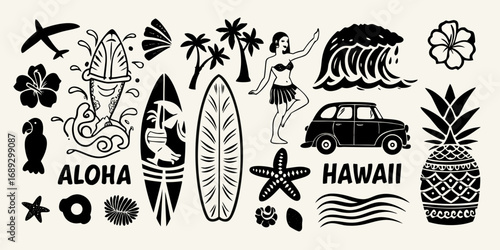 Collection of hawaiian themed illustrations including surfboards hula dancer pineapple palm trees and ocean waves