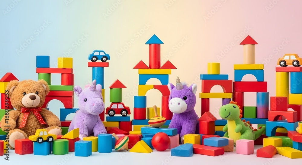 Naklejka premium Colorful Wooden Blocks and Plush Toys for Kids Educational Playtime Image