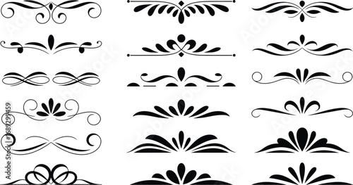 Ornate Black Decorative Flourishes and Dividers on White Background Keywords: flourish, decorative, element, divider, ornament, ornate, elegant, graphic, design, set, collection, black, white