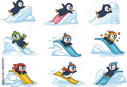 Cad drawing flat vector illustration of cute penguins sliding on ice, winter fun, snowy landscape, cold weather, playful animals, kids activity, outdoor games, holiday season