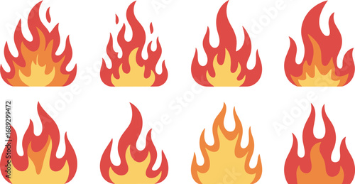 Set of Eight Stylized Red and Yellow Flames on White Background fire heat