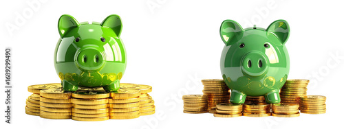 Two Green Piggy Bank Sitting on Stack of Gold Coins, Front View, Transparent Background