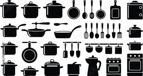 Assortment of Black Kitchenware Silhouettes Including Pots Pans and Utensils Keywords: kitchenware, cooking, pot, pan, saucepan, frying pan, cutting board, utensil, spoon, fork, whisk, ladle