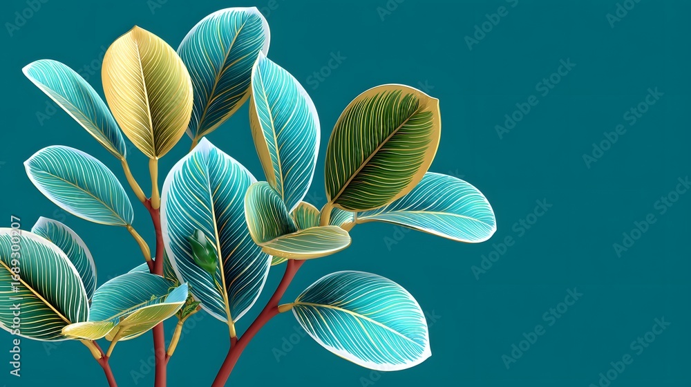 Obraz premium Colorful Tropical Leaves with Textured Patterns Against a Bold Teal Background