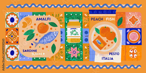 Vibrant italian summer collage featuring sardines peaches pesto and amalfi coast inspired art