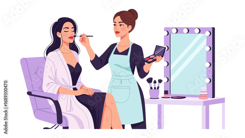 Professional makeup artist applying cosmetics to a client in a beauty salon with a large mirror