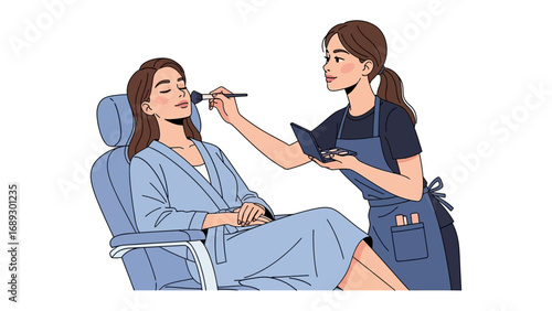 Professional makeup artist applying cosmetics to a seated client in a salon setting