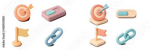 3D icon set with target and arrow, toggle switch, flag marker, and chain link for business goals and user interface design
