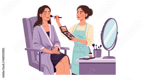 Professional makeup artist applying cosmetics to a seated client in a salon setting with mirror and tools