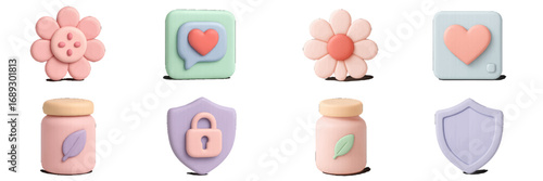 Collection of 3D user interface icons in soft pastel colors representing wellness, nature, social media engagement, and security protection for modern app design
