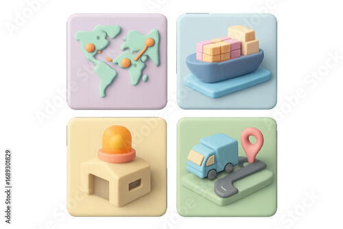 3D style logistics and shipping icon set with world map, cargo ship, warehouse, and delivery truck for global trade and transportation concepts