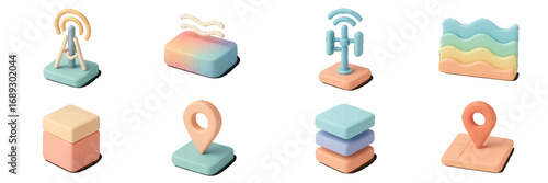 Isometric 3D icon set with communication tower, location pin, and data symbols in soft pastel colors for web and app design