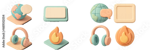 Set of 3D icons in a soft pastel clay style including a globe, headphones, fire, and button for user interface design