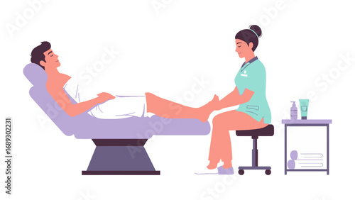 Skilled therapist provides relaxing foot massage to client reclining on a spa treatment bed