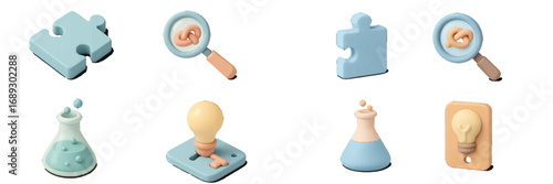 Collection of 3D style icons representing problem solving, creativity, and scientific research in a minimalist pastel design