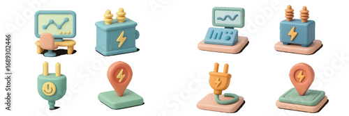 Collection of 3D style electricity and energy symbols with power plug, charging station pin, energy monitoring graph, and electric transformer