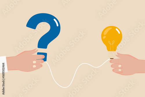 Two hands connecting a blue question mark to a glowing yellow light bulb with a white wire representing an idea