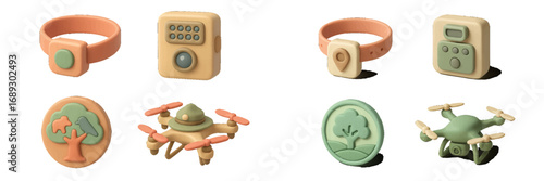 3D icon collection for nature conservation and wildlife monitoring featuring a drone, GPS tracker collar, and remote trail camera