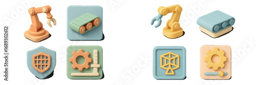 3D icon set for industrial automation and manufacturing with robotic arm, conveyor belt, and engineering symbols