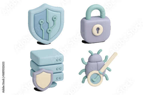Cybersecurity icon set with 3D plasticine style elements for data protection, privacy lock, server security, and antivirus bug detection on a clean isolated background