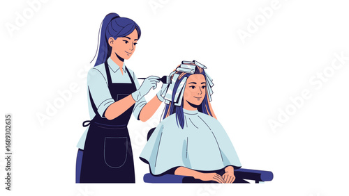 Skilled hairstylist meticulously applying hair dye with foils to a client in a salon chair
