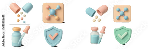 Set of 3D medical icons including capsule pill, molecule, vaccine vial, and protection shield for healthcare and pharmacy concepts