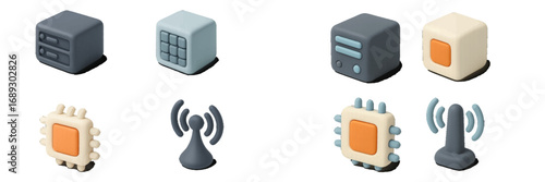 Set of 3D technology icons in an isometric style including server, CPU, and wireless symbols for data and networking concepts