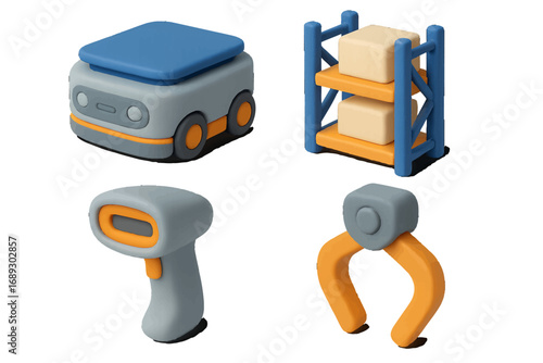 Warehouse automation icon set with autonomous mobile robot, shelving rack with boxes, barcode scanner, and robotic gripper