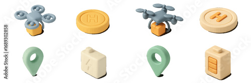 Drone delivery elements including a quadcopter, package, landing pad, location pin, and battery for modern logistics and shipping services